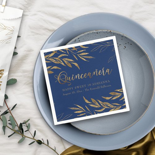 Elegant Quinceanera Royal Blue and Gold Leaf Napkins