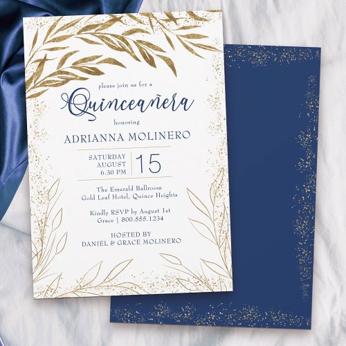 Elegant Quinceanera Royal Blue and Gold Leaves Invitation