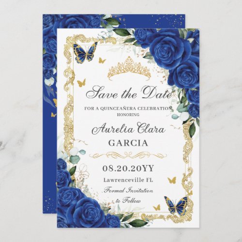 Elegant Quinceaera Royal Blue Floral Vintage Gold Save The Date