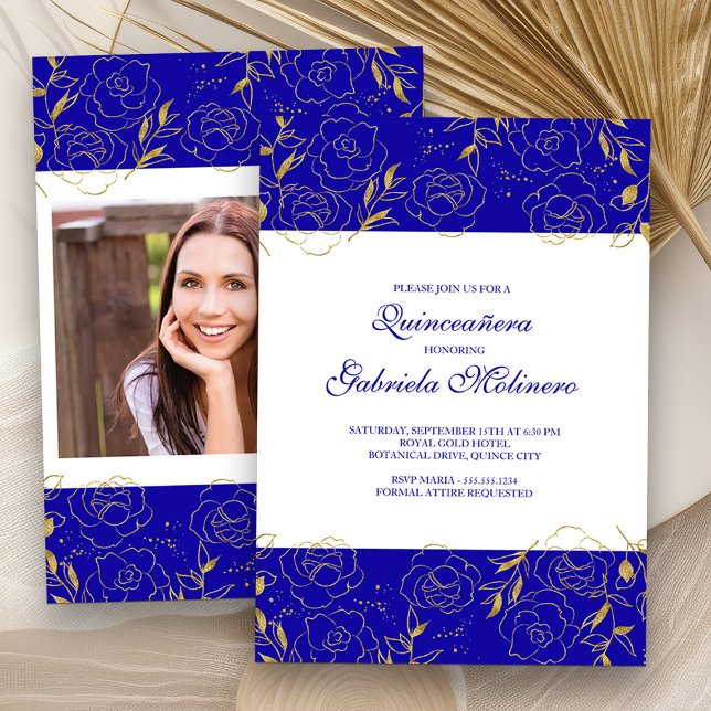 Elegant Quinceanera Royal Blue Gold Floral Photo Invitation (Photo Quinceanera Invitation from my Elegant Gold Flowers Quinceanera Collection)