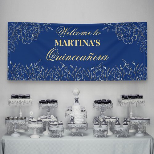 Elegant Quinceanera Royal Blue Gold Floral Welcome Banner