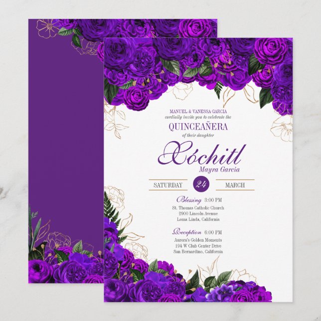 Elegant Quinceanera Royal Purple Gold Rose Floral Invitation (Front/Back)