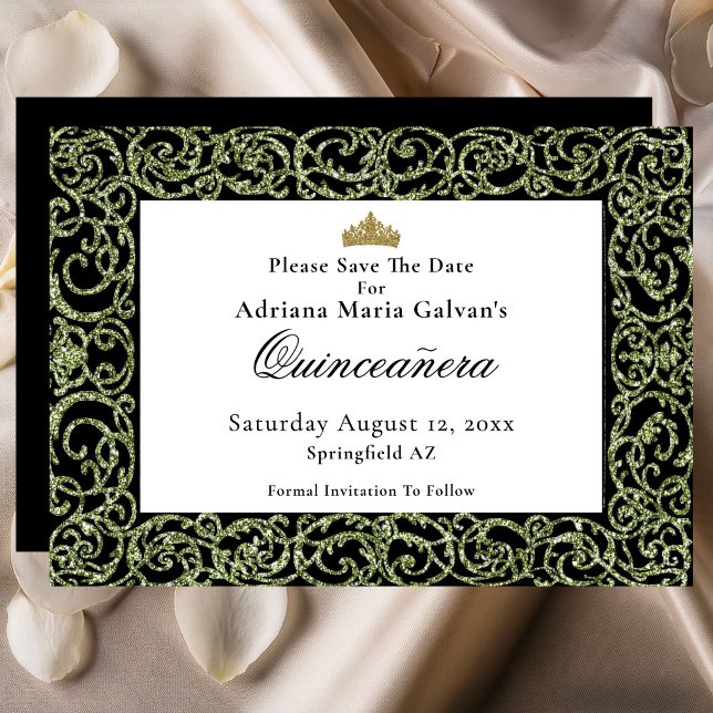Elegant Quinceanera Sage Scrollwork Save The Date (Creator Uploaded)