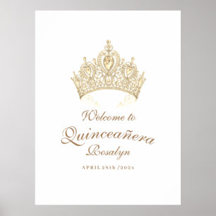 Elegant Quinceañera Script Gold Crown Welcome Poster