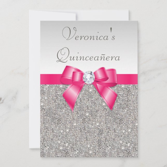 Elegant Quinceañera Silver Sequins Hot Pink Bow Invitation (Front)