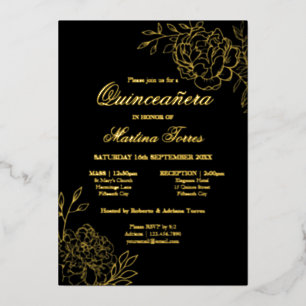 Elegant Quinceanera Sketch Floral Black and Gold Foil Invitation