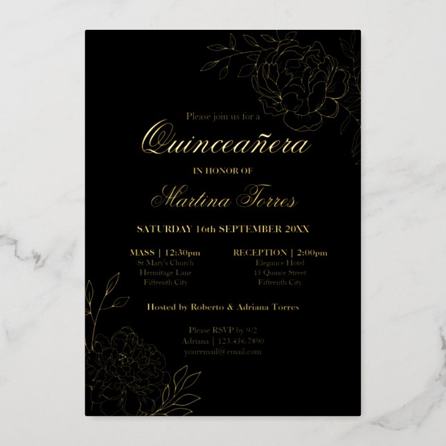 Elegant Quinceanera Sketch Floral Black and Gold Foil Invitation (Front)