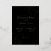 Elegant Quinceanera Sketch Floral Black and Gold Foil Invitation (Standing Front)