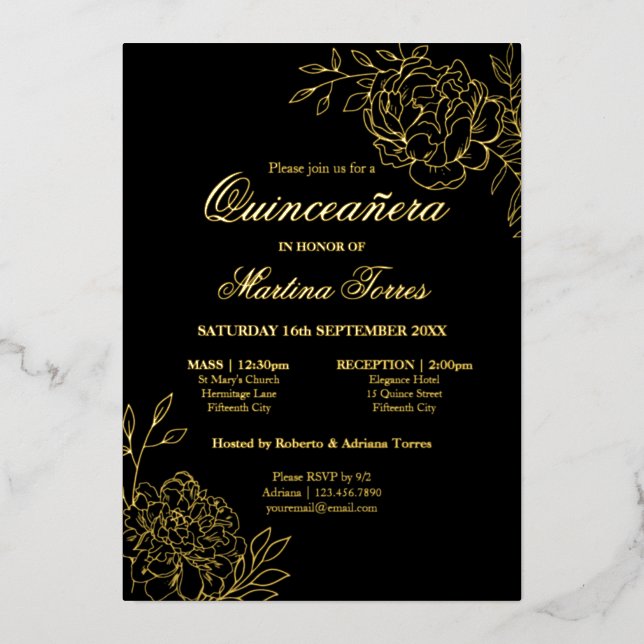 Elegant Quinceanera Sketch Floral Black and Gold Foil Invitation (Front)
