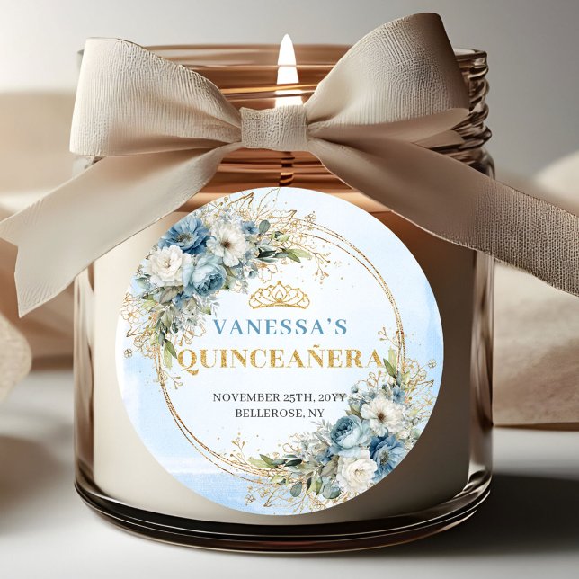 Elegant Quinceañera Sticker Blue Gold Greenery (Elegant Quinceañera Sticker Blue Gold Greenery)