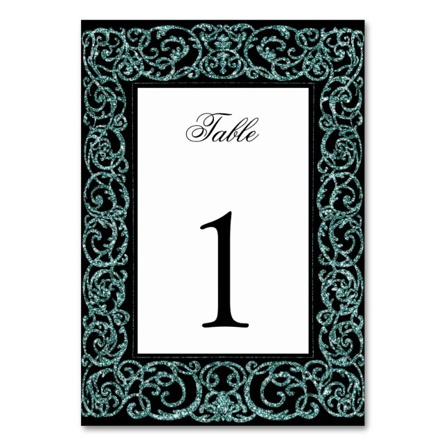 Elegant Quinceanera Table Number Teal Scrollwork (Front)