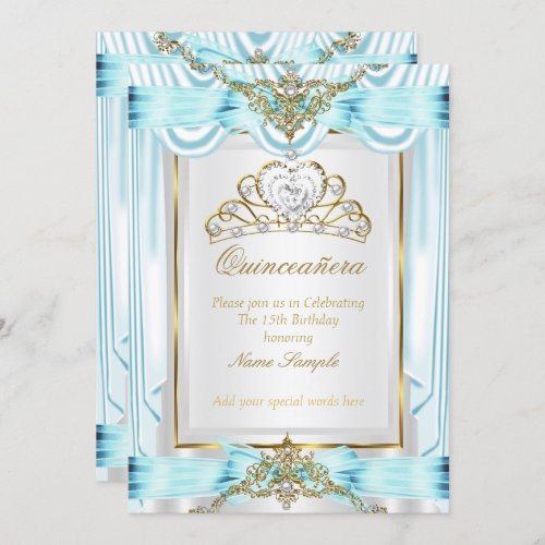 Elegant Quinceanera Teal Blue Gold Silver White Invitation