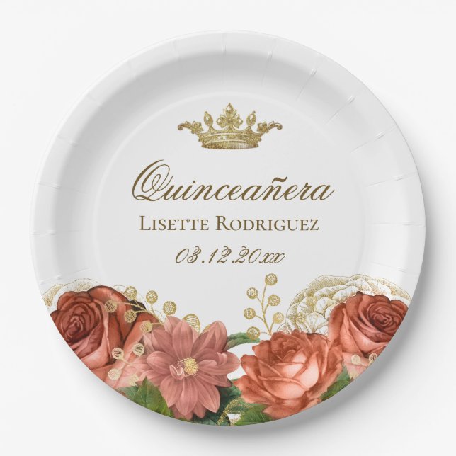 Elegant Quinceanera Tiara Floral Paper Plates (Front)