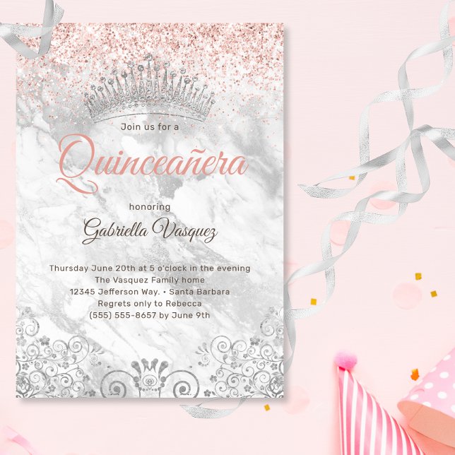 Elegant Quinceañera Tiara Pink Glitter Party Invitation (Creator Uploaded)