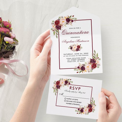 Elegant Quinceanera Watercolor Burgundy Floral All In One Invitation