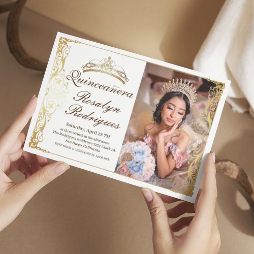 Elegant Quinceanera White Gold  Photo Invitation
