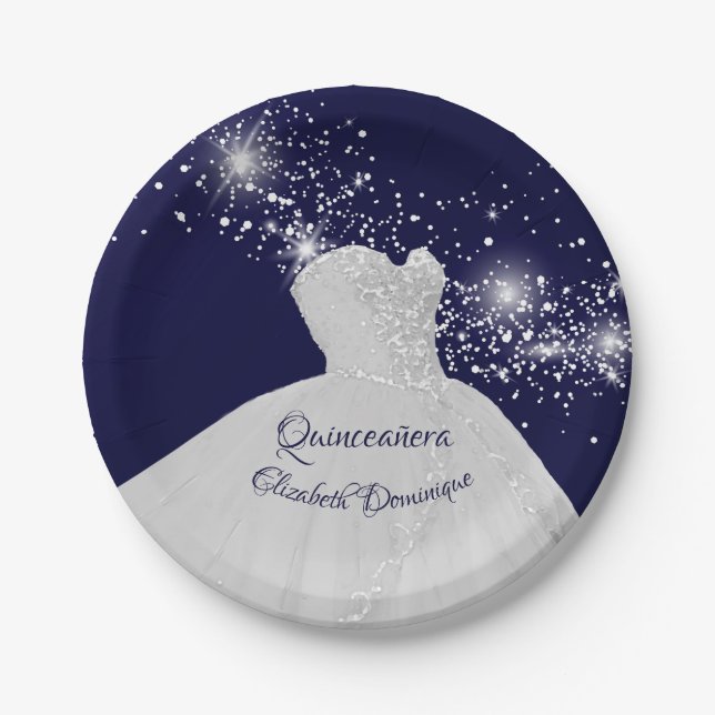 Elegant Quinceañera White Gown Paper Plates (Front)