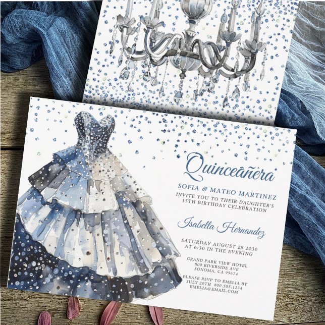 Elegant Quineanera Glitter Blue Gown Party Invitation (Creator Uploaded)