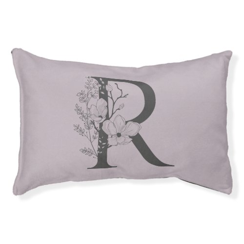 Elegant R Boho Floral Monogram Initial Lilac Gray Pet Bed