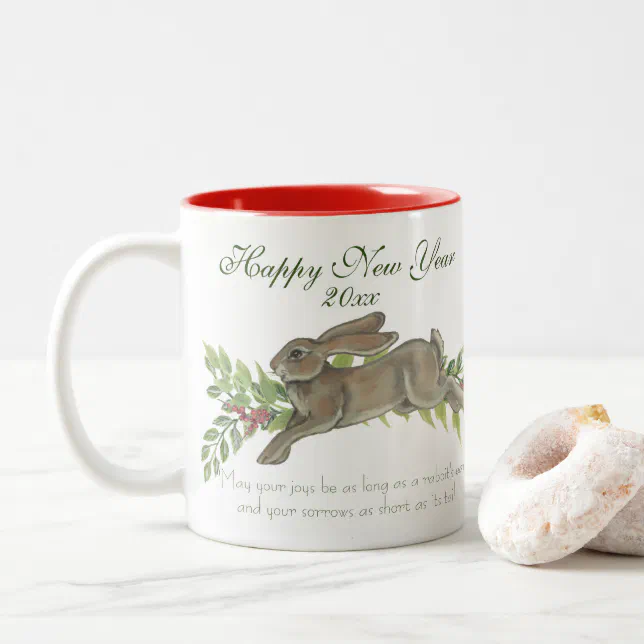 Elegant Rabbit Bunny Green Red New Year Wish, Date Two-Tone Coffee Mug ...