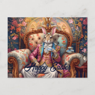 Elegant rabbit Drinking Tea Happy Easter Holiday Postcard