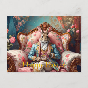 Elegant rabbit Drinking Tea Happy Easter Holiday Postcard
