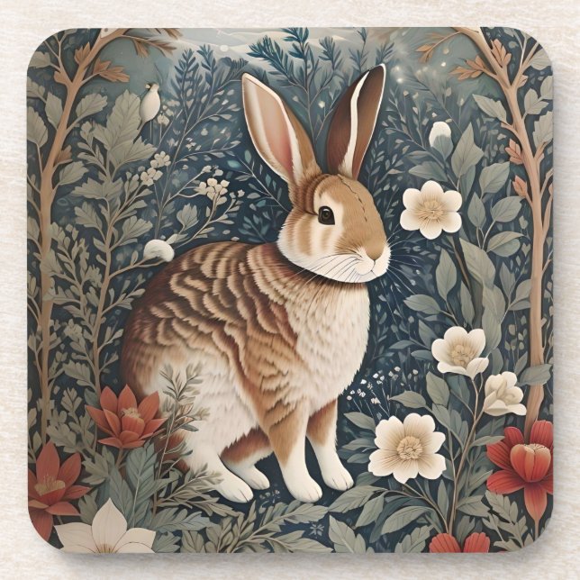 Elegant Rabbit Framed By Flowers and Leaves Beverage Coaster (Front)