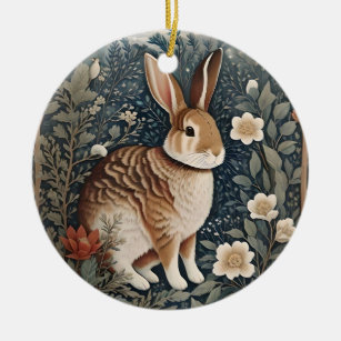Elegant Rabbit Framed By Flowers and Leaves Ceramic Ornament
