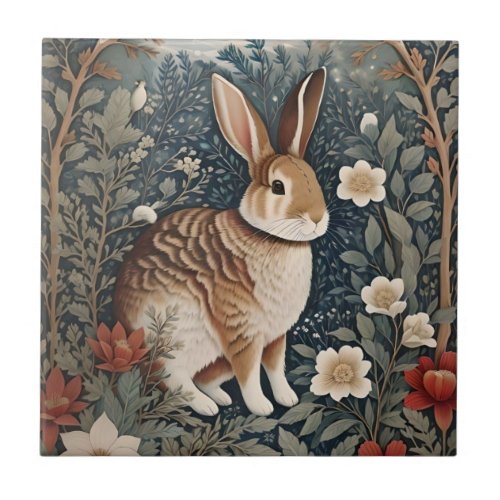 Elegant Rabbit Framed By Flowers and Leaves Ceramic Tile