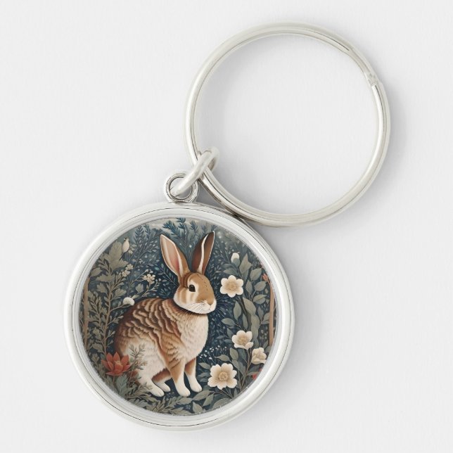 Elegant Rabbit Framed By Flowers and Leaves Keychain (Front)
