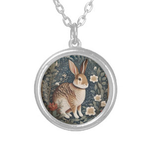 Elegant Rabbit Framed By Flowers and Leaves Silver Plated Necklace