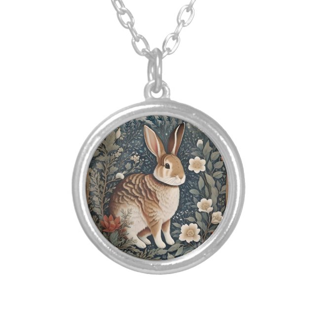 Elegant Rabbit Framed By Flowers and Leaves Silver Plated Necklace (Front)