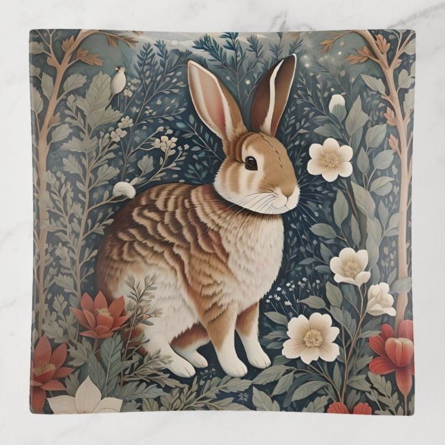 Elegant Rabbit Framed By Flowers and Leaves Trinket Tray (Front)
