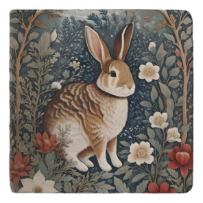 Elegant Rabbit Framed By Flowers and Leaves Trivet