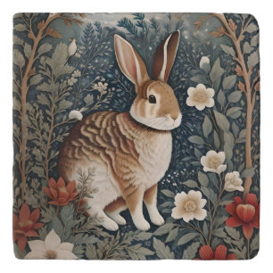 Elegant Rabbit Framed By Flowers and Leaves Trivet