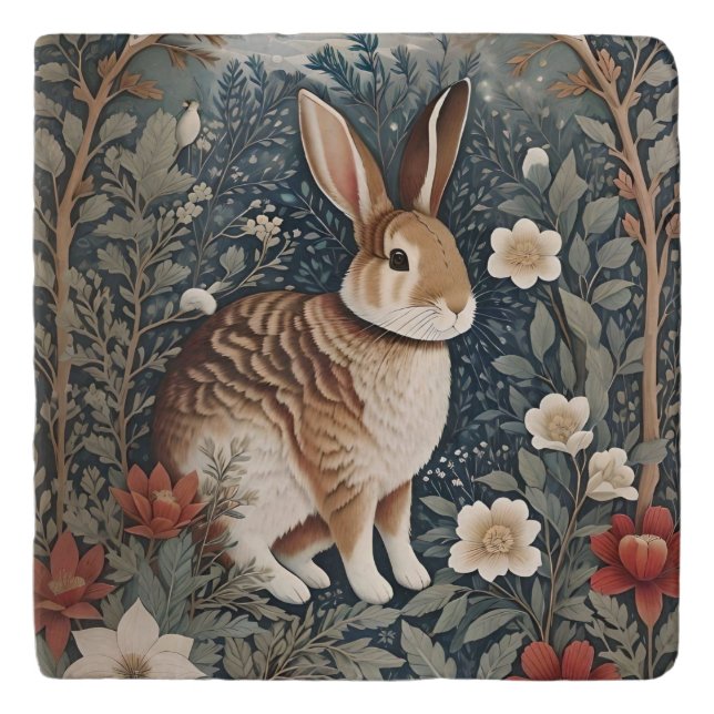 Elegant Rabbit Framed By Flowers and Leaves Trivet (Front)