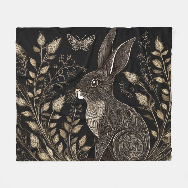 Elegant Rabbit in Black and Beige Fleece Blanket (Front (Horizontal))