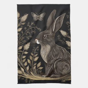 Elegant Rabbit in Black and Beige Kitchen Towel
