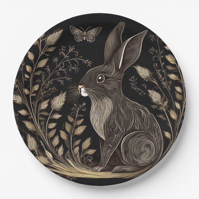 Elegant Rabbit in Black and Beige Paper Plates (Front)