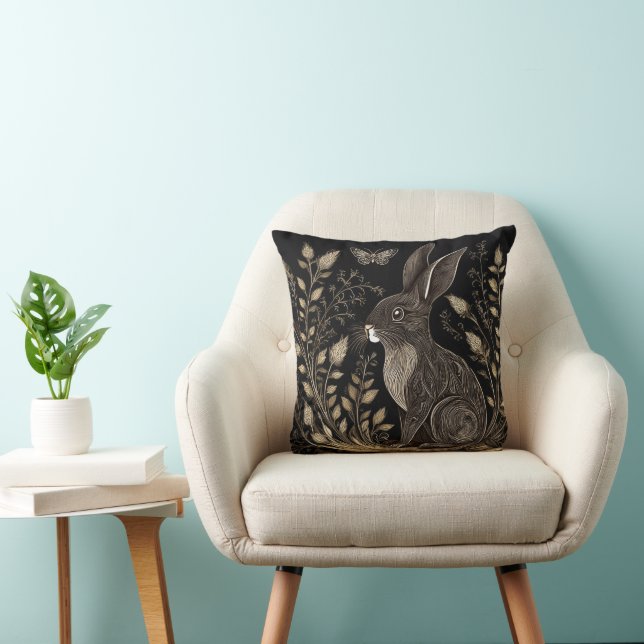 Elegant Rabbit in Black and Beige Throw Pillow (Chair)