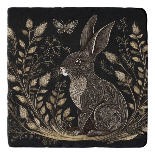 Elegant Rabbit in Black and Beige Trivet (Front)