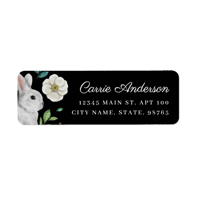 Elegant Rabbit & White Rose Spring Address Label (Front)