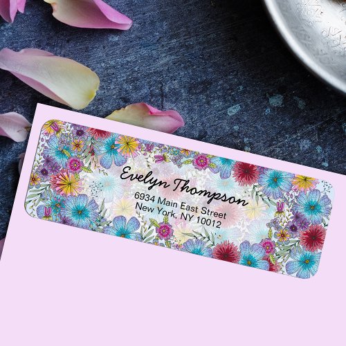 Elegant Radiant Blue Pink Flowers Return Address Label