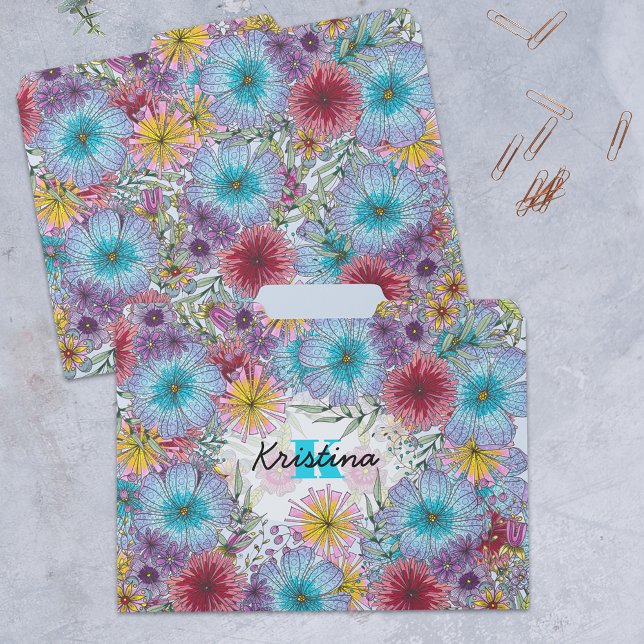 Elegant Radiant Blue Red Purple Doodle Flowers File Folder (Creator Uploaded)