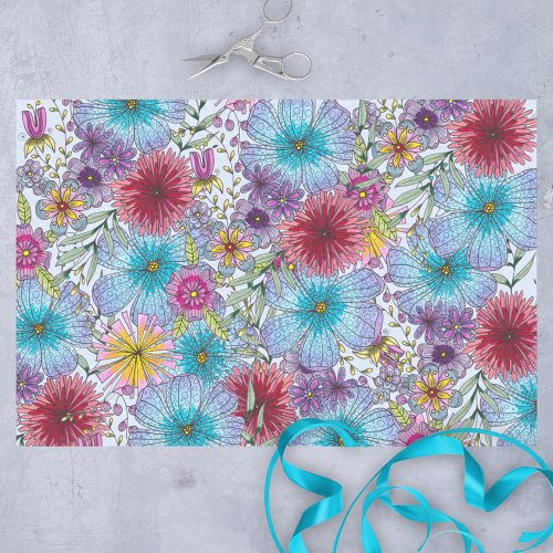 Elegant Radiant Blue Red Purple Doodle Flowers