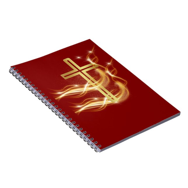 Elegant Radiant Golden Cross on Deep Red Notebook (Right Side)