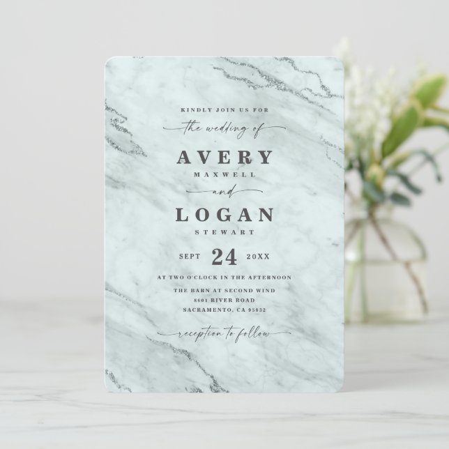 Elegant Rain Dusty Green Metallic Marble Wedding Invitation (Standing Front)
