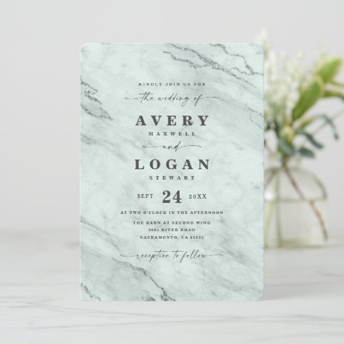 Elegant Rain Dusty Green Metallic Marble Wedding Invitation