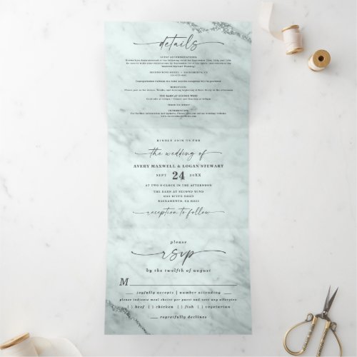 Elegant Rain Dusty Green Metallic Marble Wedding Tri_Fold Invitation
