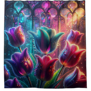 “Elegant Rain-Soaked Tulips in Cathedral Windows" Shower Curtain